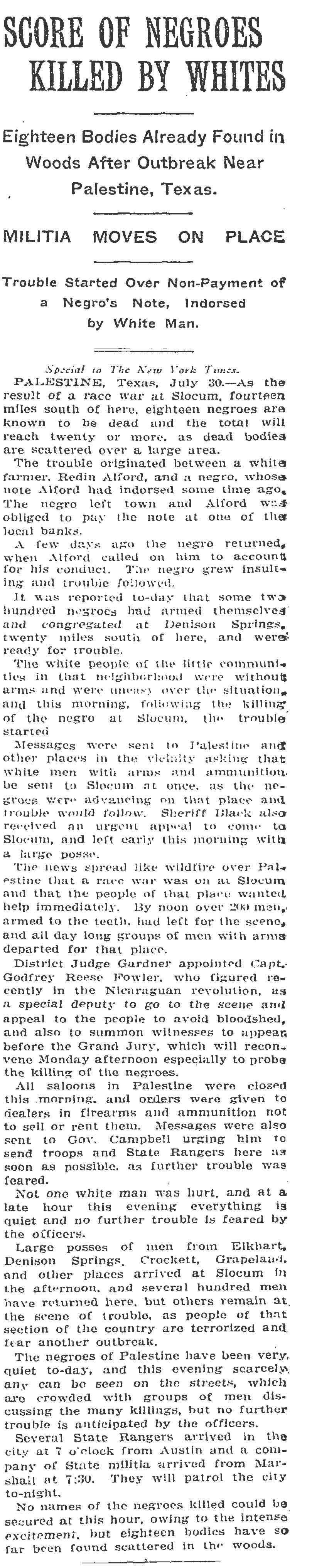  "Scores of Negroes Killed by Whites" July 31, 1910 (Page 1) (New York Times) 