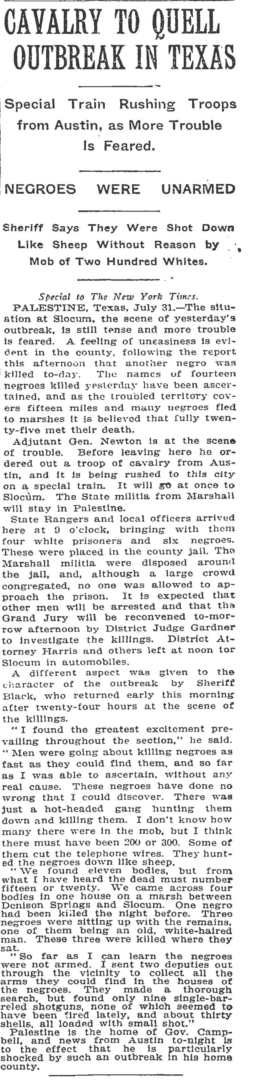 "Cavalry to Quell Outbreak in Texas" August 1, 1910 (Page 2) (New York Times)