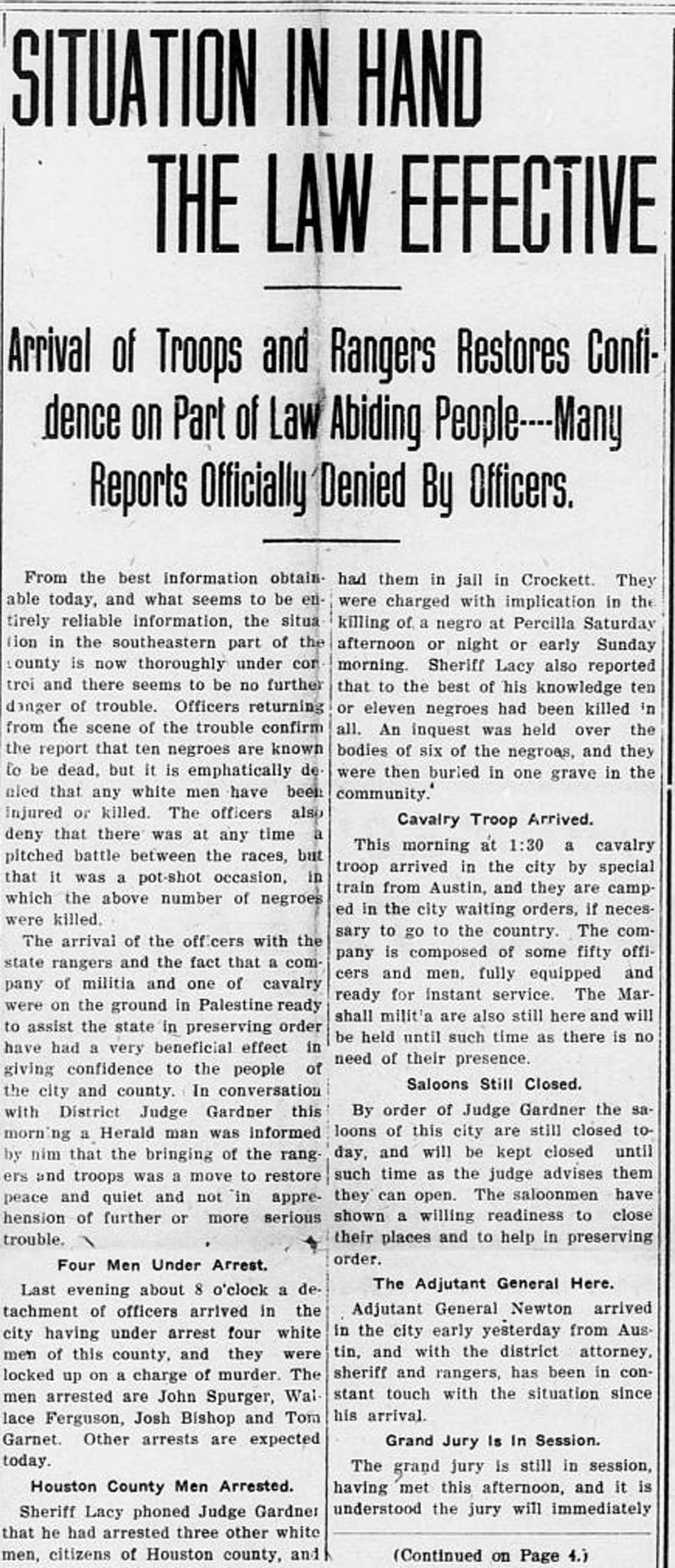 "Situation in Hand the Law Effective" August 1, 1910 (Page 1) (Palestine Daily Herald) (University of North Texas Libraries, The Portal to Texas History)