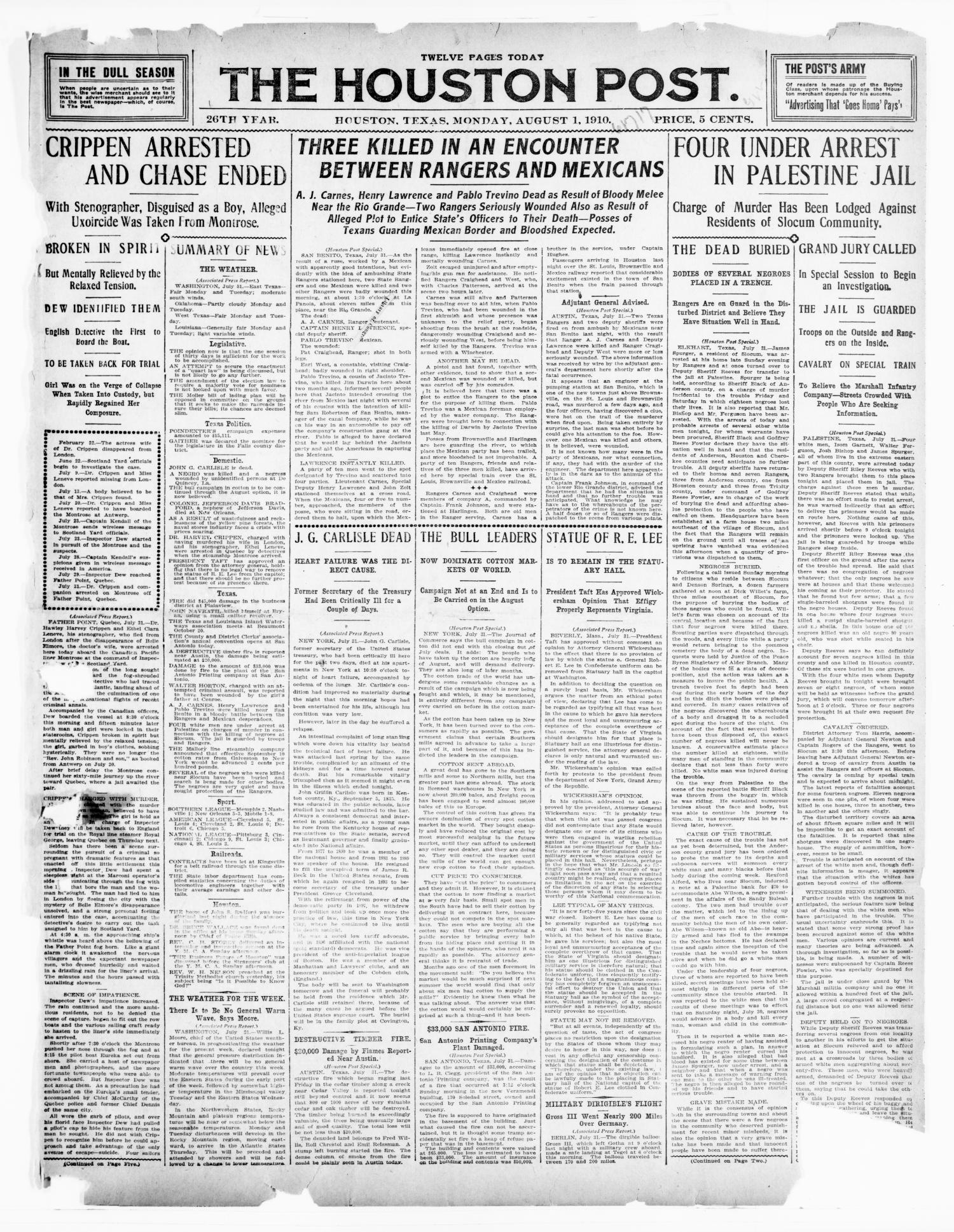  August 1, 1910 (Page 1) (The Houston Post) (University of North Texas Libraries, The Portal to Texas History, Originally from Abilene Library Consortium) 