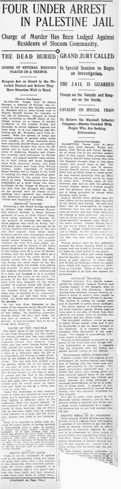  "The Dead Buried"&nbsp;August 1, 1910 (Page 1) (The Houston Post) (University of North Texas Libraries, The Portal to Texas History, Originally from Abilene Library Consortium) 