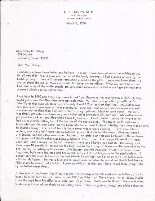 Dr. G.J. Hayes, Letter to Mrs. Eliza H. Bishop, March 2, 1984 (Page 1) (Houston County Historical Commission) 