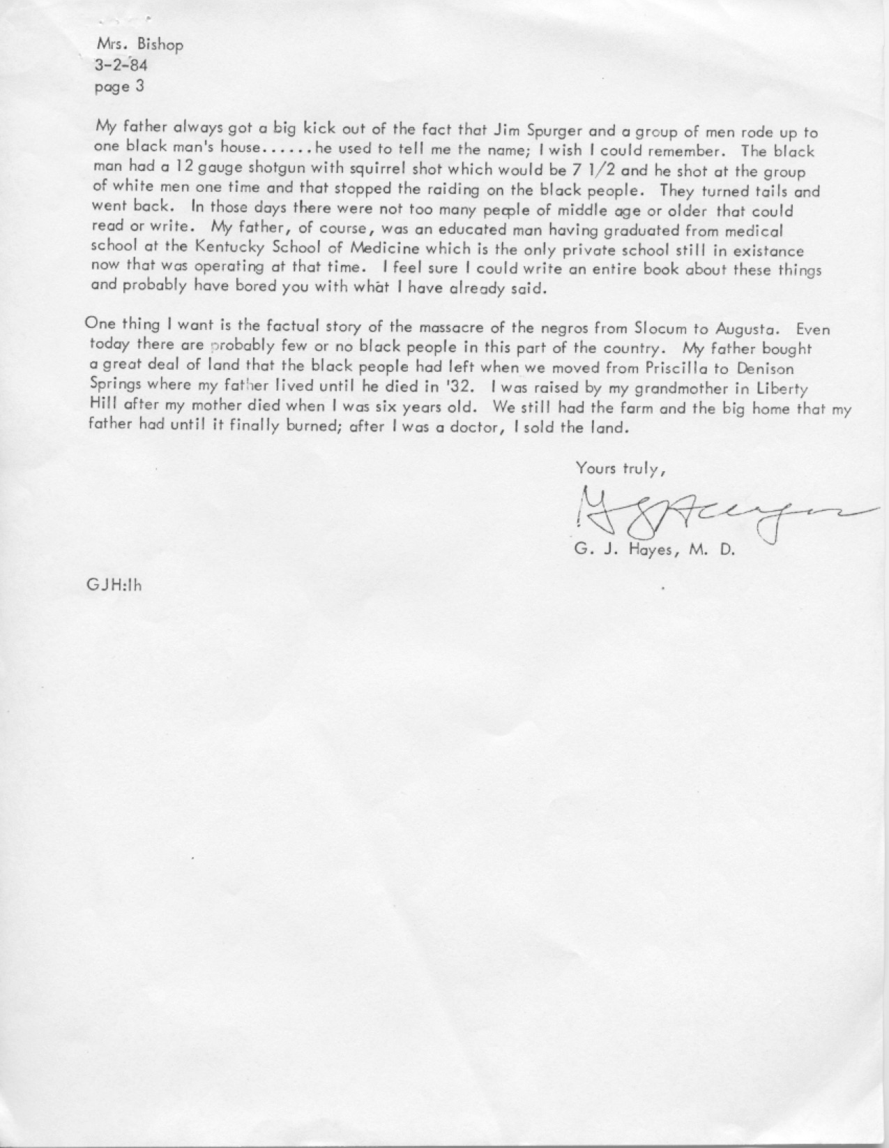 Dr. G.J. Hayes, Letter to Mrs. Eliza H. Bishop, March 2, 1984 (Page 3) (Houston County Historical Commission) 