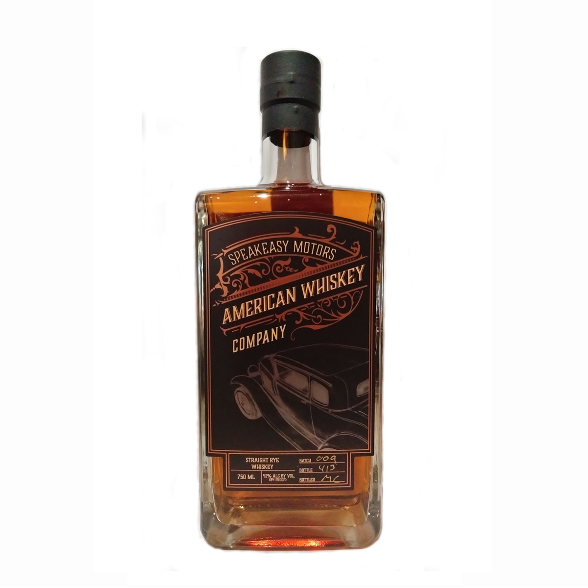 Speakeasy Motors Whiskey Co. Rye Whiskey Bottle