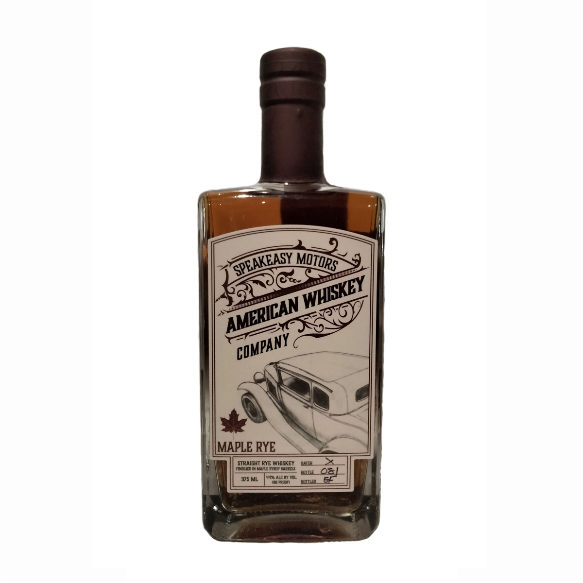 Speakeasy Motors Whiskey Co. Maple Rye Whiskey Bottle