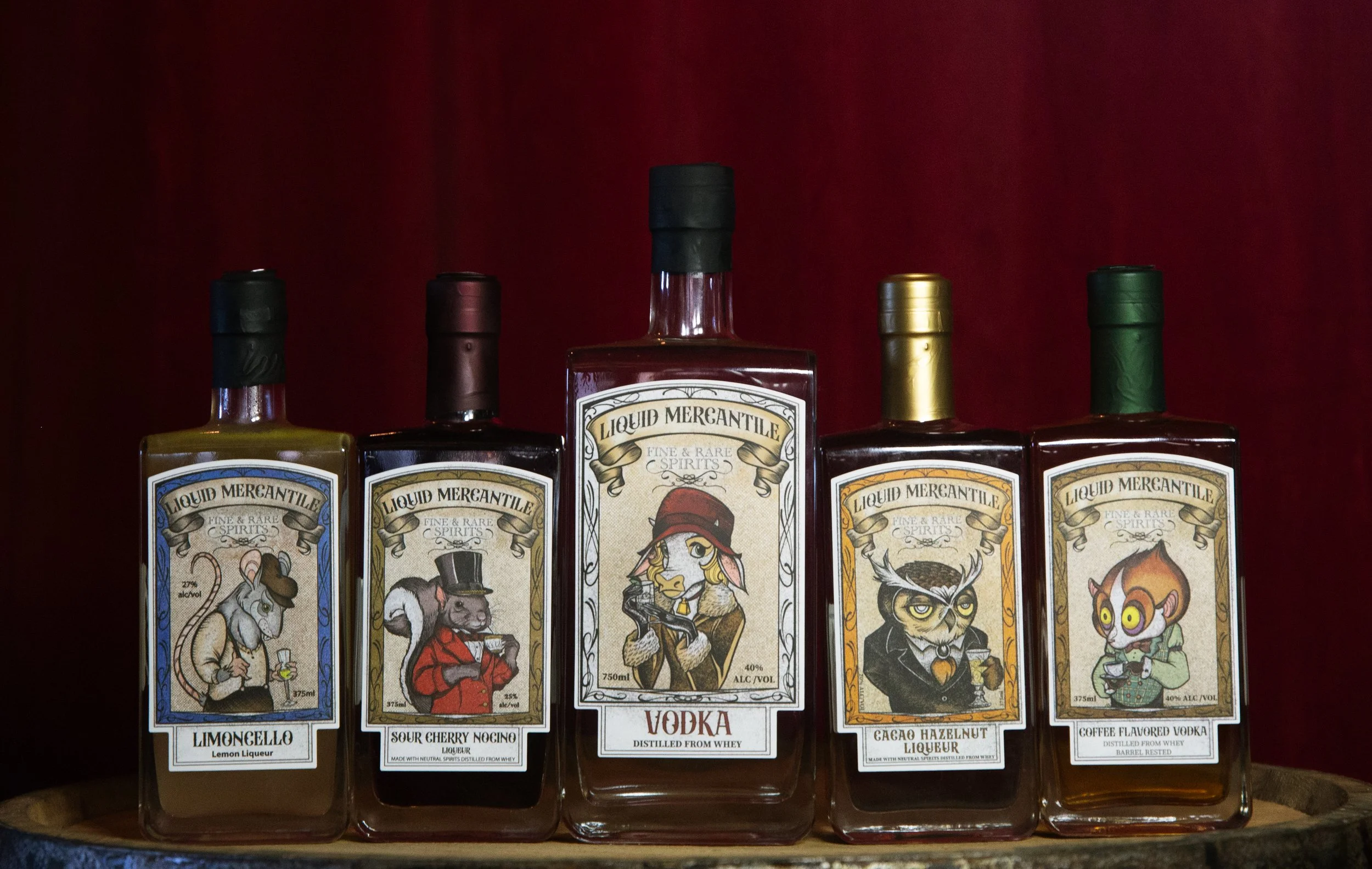 Bottles of spirits with animals on labels