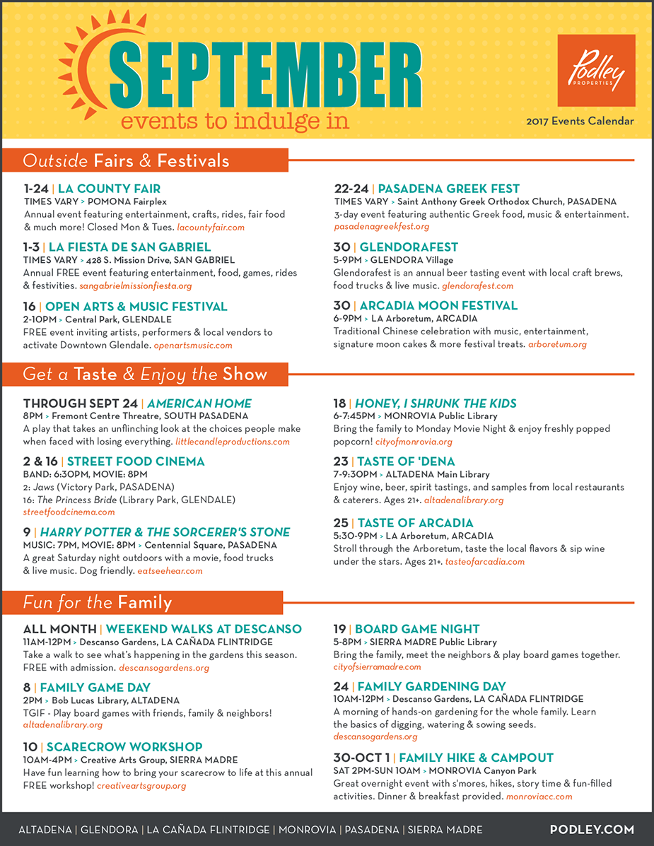 Pasadena September Events Calendar — Bungalow Agent