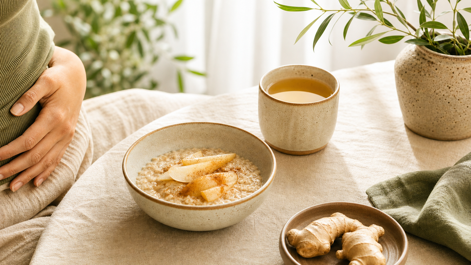 A hand resting on the belly beside warm oats, pear, ginger and tea in morning light
