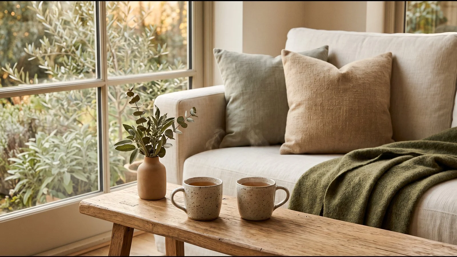 Two mugs of tea on a low table beside a linen sofa, set for a calm conversation between partners