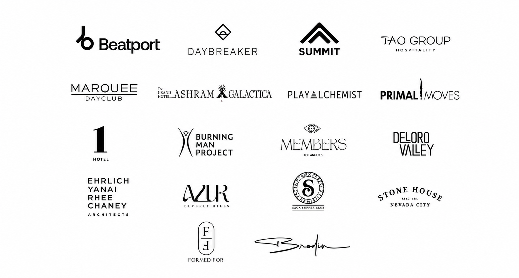 Collection of different logos and brand names, including Beatport, Daybreaker, Summit, Tao Group Hospitality, Marquee Dayclub, The Grand Hotel Ashram Galactica, Play Alchemist, Primal Moves, Hotel 1, Burning Man Project, Members Los Angeles, Deloro Valley, Ehrlich Yanai Rhee Chaney Architects, Azur Beverly Hills, Saga Supper Club, Stone House Nevada City, Formed For, and Brodin.