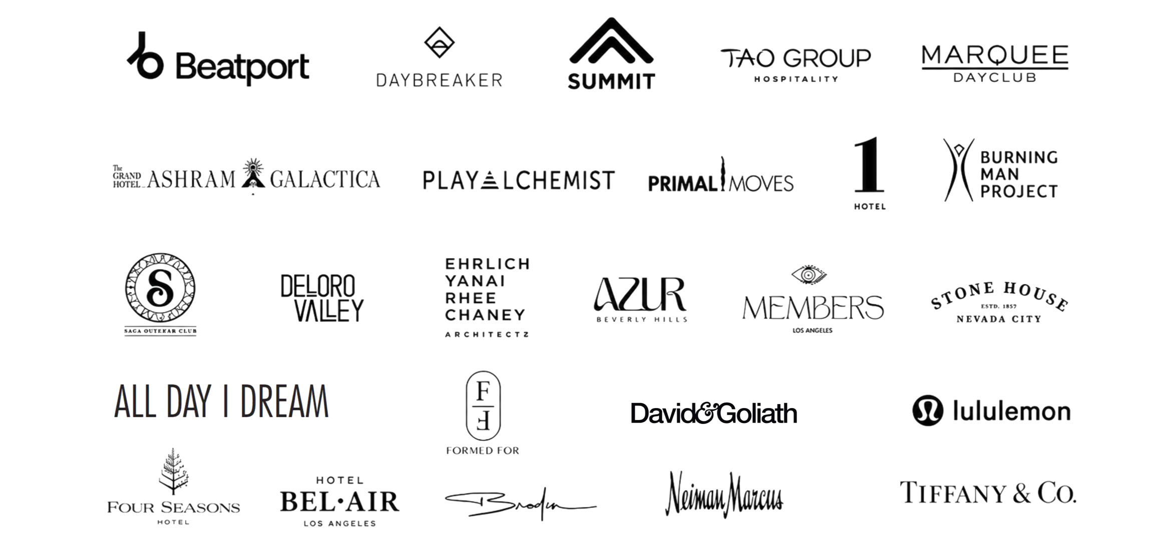 Corporate wellness and event clients including Tiffany & Co., Four Seasons, Hotel Bel-Air, lululemon and Beatport