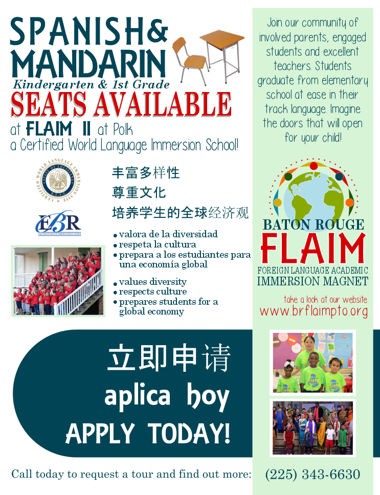 Seats available at FLAIM II in Spanish & Mandarin!! — Baton Rouge