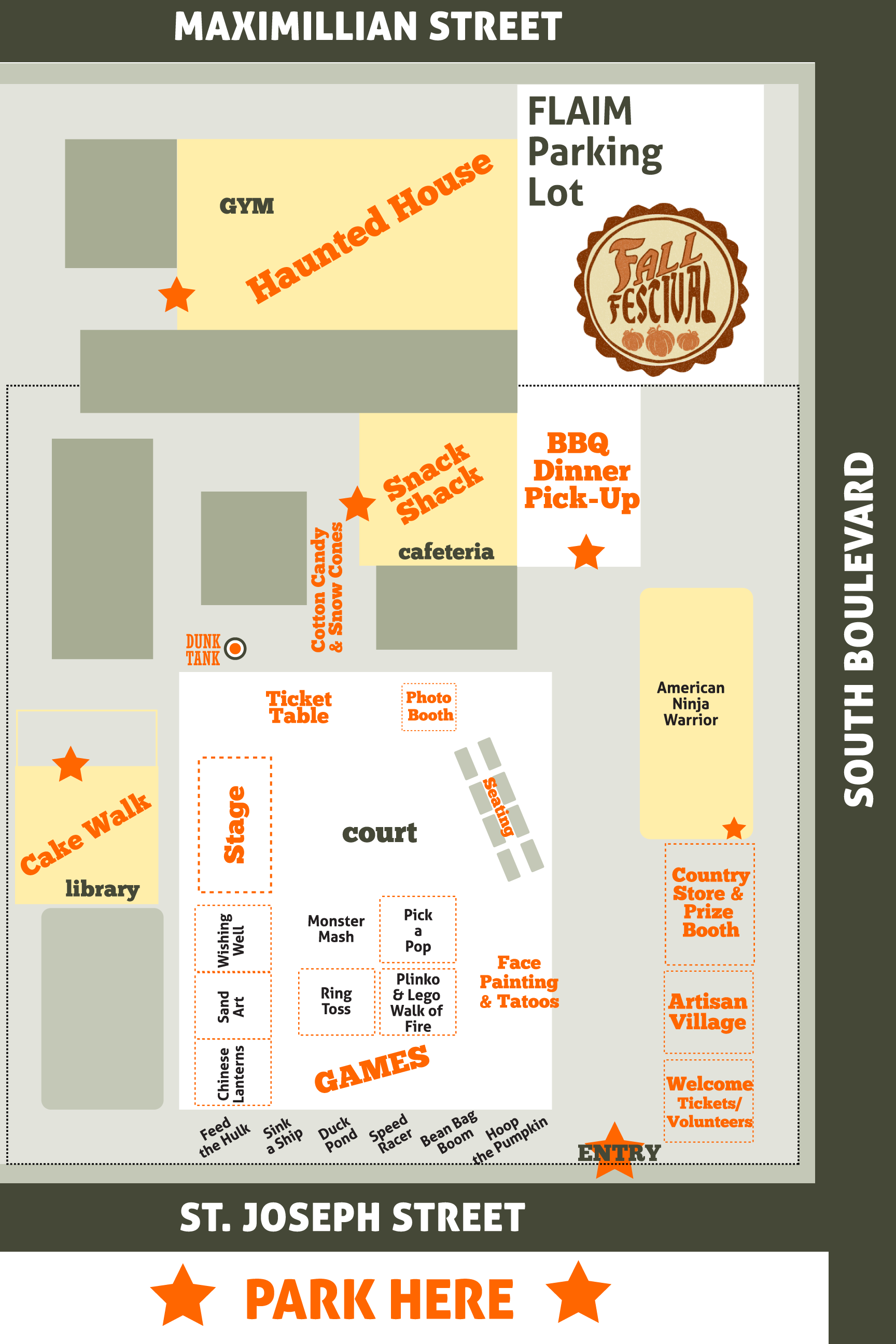 Please note that we have a Haunted House in the gym that the Boy Scouts build and haunt. The Snack Shack is in the Cafeteria this year. Cake Walk is located in the library. We will have 2 ticket tables at the entrance and near the Dunk Tank.