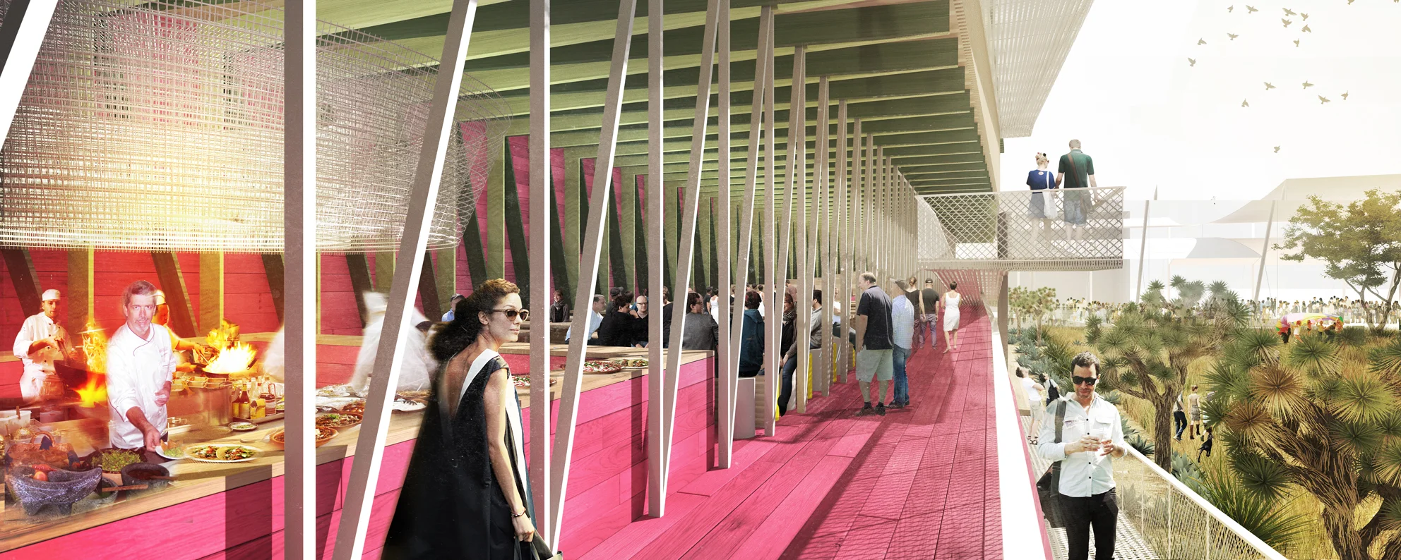 _MEXICO @ EXPO MILAN 2015 Milan, Italy National Pavilion | 3,500 sq m International Competition – Shortlisted 2014 In collaboration with Techniker (structural), ECOstudioXV (m&e/sustainbility), KVR (landscaping) and Anamnesia (scenography) Our proposals for the National Pavilion of Mexico at the Expo Milano 2015 celebrates the theme “Feeding the world, Energy for Life”. Mexico’s food and gastronomy stand amongst the most prominent universally. We are inspired by the sustainability and technological innovation of our pre-Hispanic civilizations, the culinary transformation of the colonial time and the ongoing challenges that migration and the rescue of our traditions represent today. Our proposal is based on a semi-open pavilion, a large Belvedere open towards the Expo, in which exhibition spaces are accommodated to display the diversity and authenticity of food products from Mexico based on the cycle cultivation-processing-distribution-consumption. This highly sustainable, monumental structure prefabricated in cross-laminated wood is clad with a combination of trombe-wall and sunshade membrane systems.