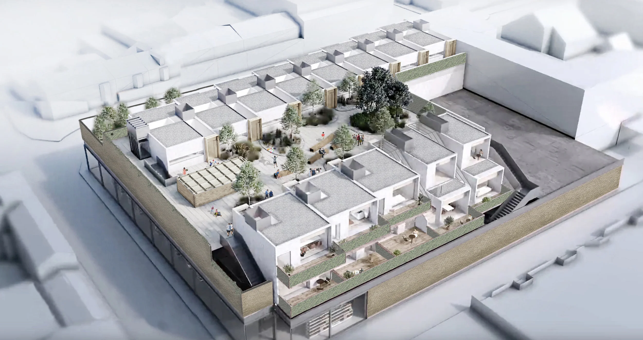 _OXFORD ROOFTOP COMMUNITY Oxford, United Kingdom Pre-fabricated Housing Complex | 15,000 sq ft Concept Design 2017 Oxford's town center offers limited opportunities for new housing development today. Our proposal is to re-use an extensive, existing rooftop above a local supermarket store and transform it into a vibrant site for a community accommodating 24-homes and ample landscaped amenity areas. We propose to fabricate all units off-site and develop the scheme without the necessity to shut-down the store underneath. These pre-fabricated modular homes will be craned-in and installed on an offset structural grid, transferring structural loads onto the existing 1970's structure as well as forming a services and acoustic buffer with the existing building. A range of one and two-bedroom unit types and sizes are proposed, some of which are designed with duplex configuration to adapt to the rooftop levels. Main access is directly from the High Street and the central landscaped space will consolidate this community focused development.