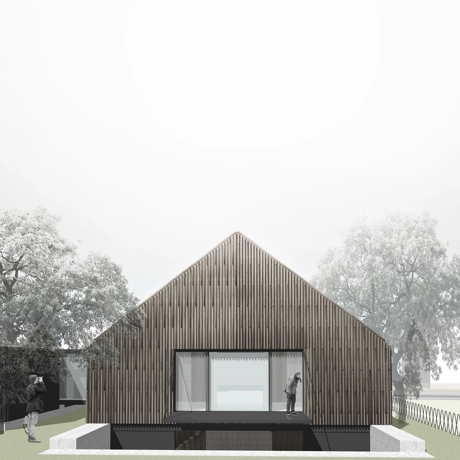 _SCHWARZES HAUS Hamburg, Germany Private Residence | 260 sq m Concept 2016 This project aims to transform a standardised 1960s suburban detached house into the house and gallery of an introverted artist. The challenge lies in the ambition to preserve the existing structure whilst converting internal layouts and proportions entirely, to suit the new user’s need for privacy and seclusion. A new staircase ‘spine’ is introduced, reorganising the house’s layout and connecting it to the enlarged and upgraded garage building, connected to the main house through a proposed bridging glazed corridor. The proposed double height living room area, opens towards the upper floor’s new gallery space. An extension of the basement level extends the user’s offices into a private sculptural courtyard, protected from views from the neighbours.
