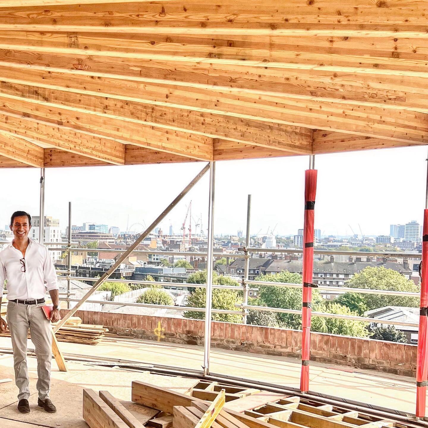 Works at Round House NW8 are progressing well - the glulam roof over bespoke SS post are ready to receive  the glazing elements. The curved roof frames these arresting panoramic views of West London. Completion expected early 2024 - watch this space!