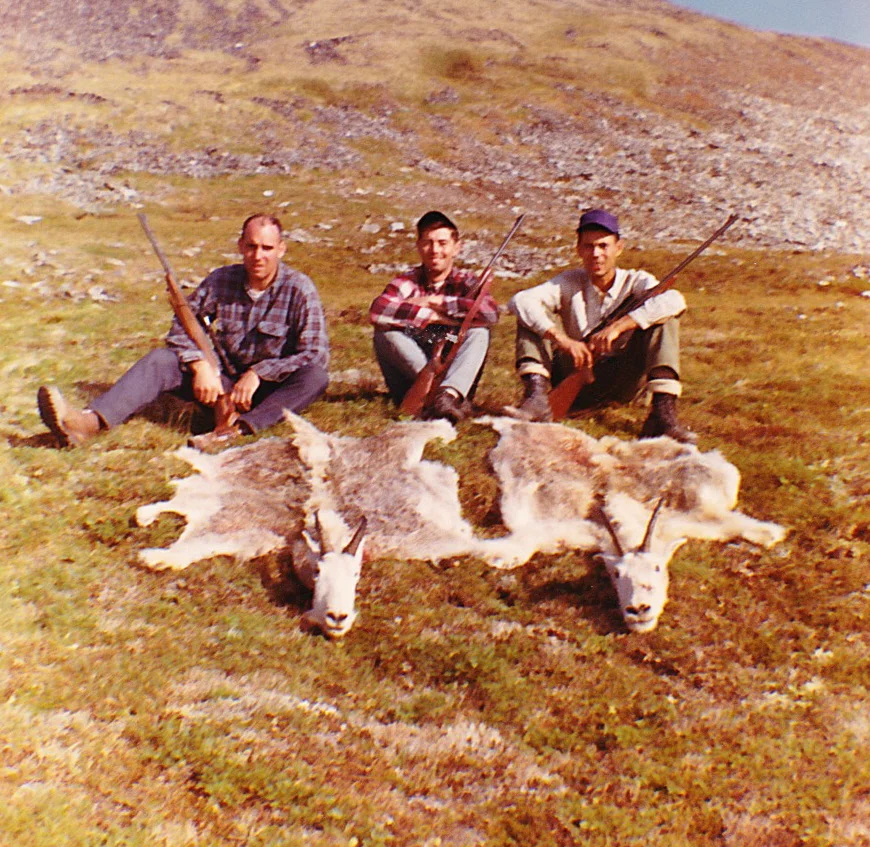 My good hunting buddies from (L to R) Chuck Berry, Gary Wadkins and Phil Sun with my Billy and Phil's Nanny. I hunted with Chuck and Gary many times but this was Phil's first and last hunt. He said hunting wasn't for him.