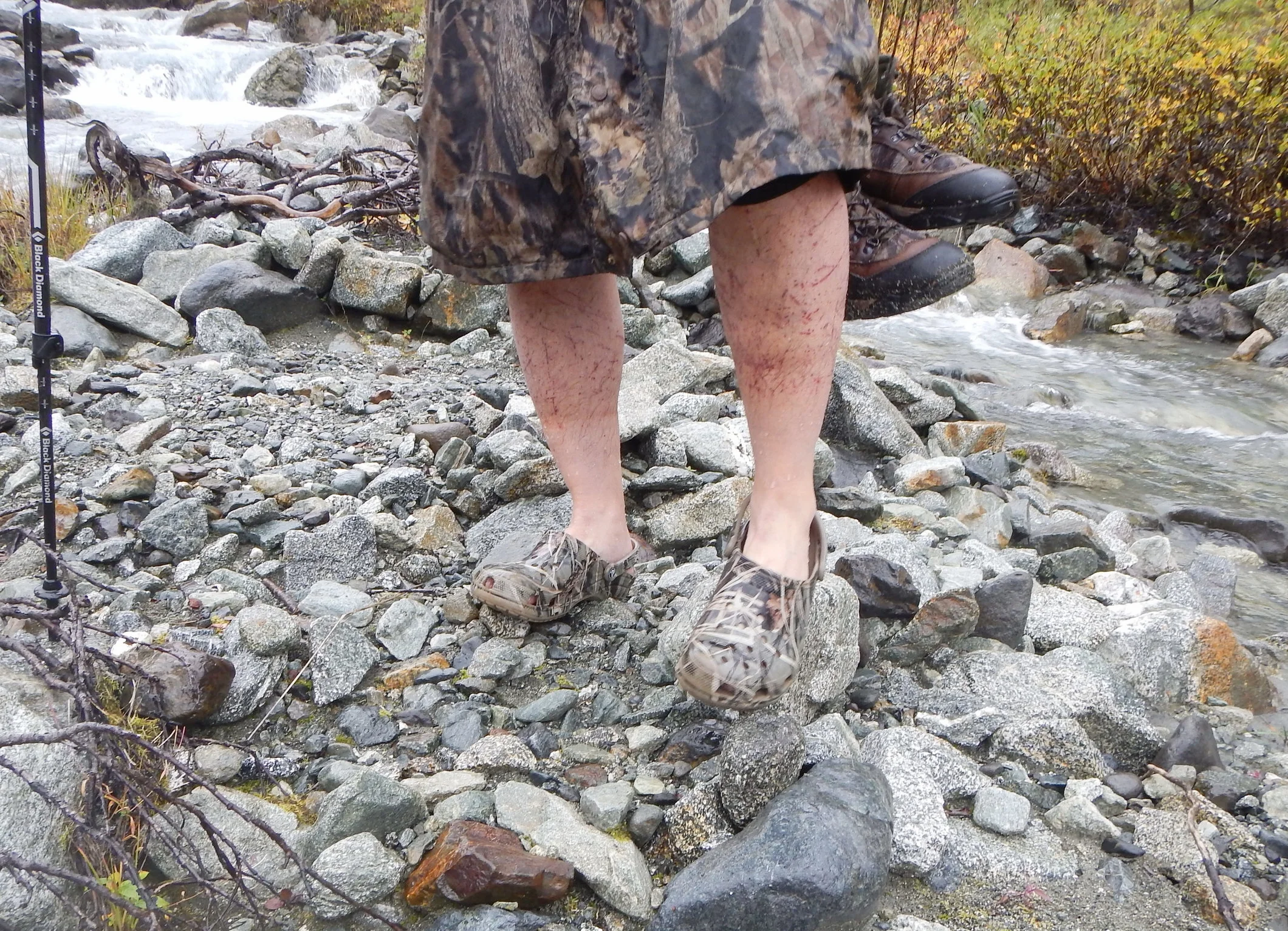 Sagen after crossing the creek with his crocs. Check out his legs from wearing shorts on the way in.
