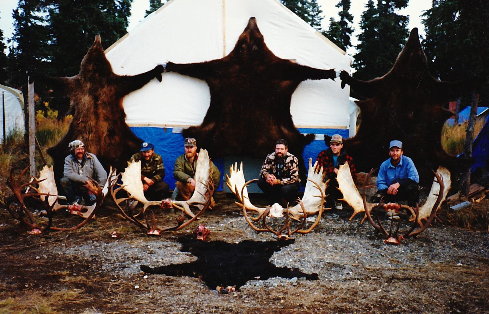 Otter Lake guides with trophies from four clients. (L to R) guides Gary Thompson, Curt Johnson, Eric Sjodin, myself, packer Marty Phelps and guide Mike Herbert.