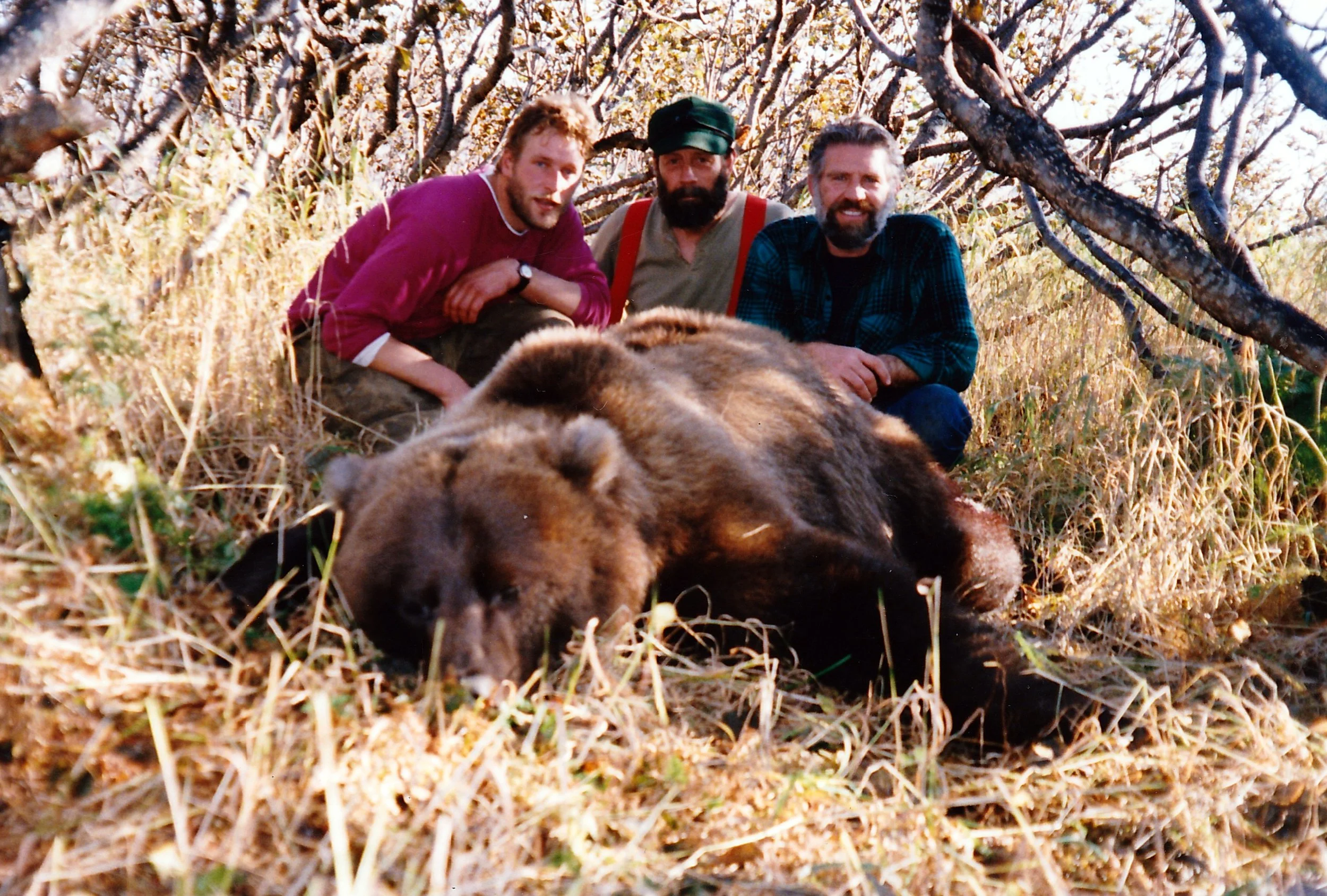 (L to R) Guides Mark Confer, Steve Lanphier and myself. Mark and I helped Steve recover his client's trophy bear. It had been too dark for Steve to venture into the alder alone.