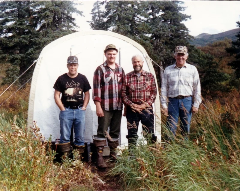 (L to R) Ron Hayden, Guide/Packer Jeff Hamburg, Ken Hayden and Lowell Leavitt at Otter Lake Base Camp .