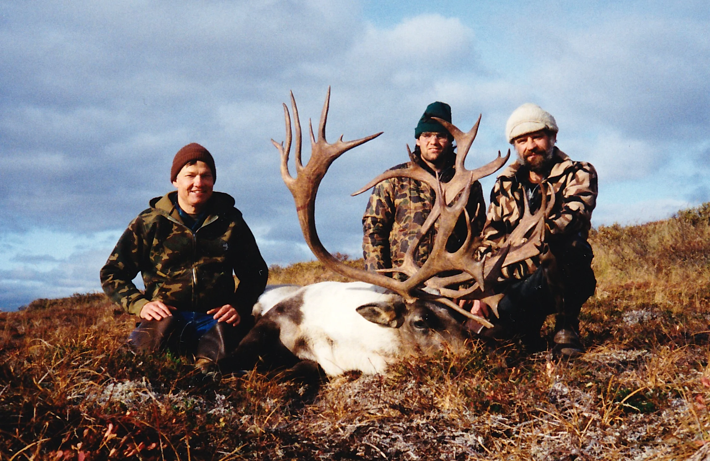 (L to R) Guide Ron Watts, packer Marty Phelps and myself with Tim Orton's caribou.