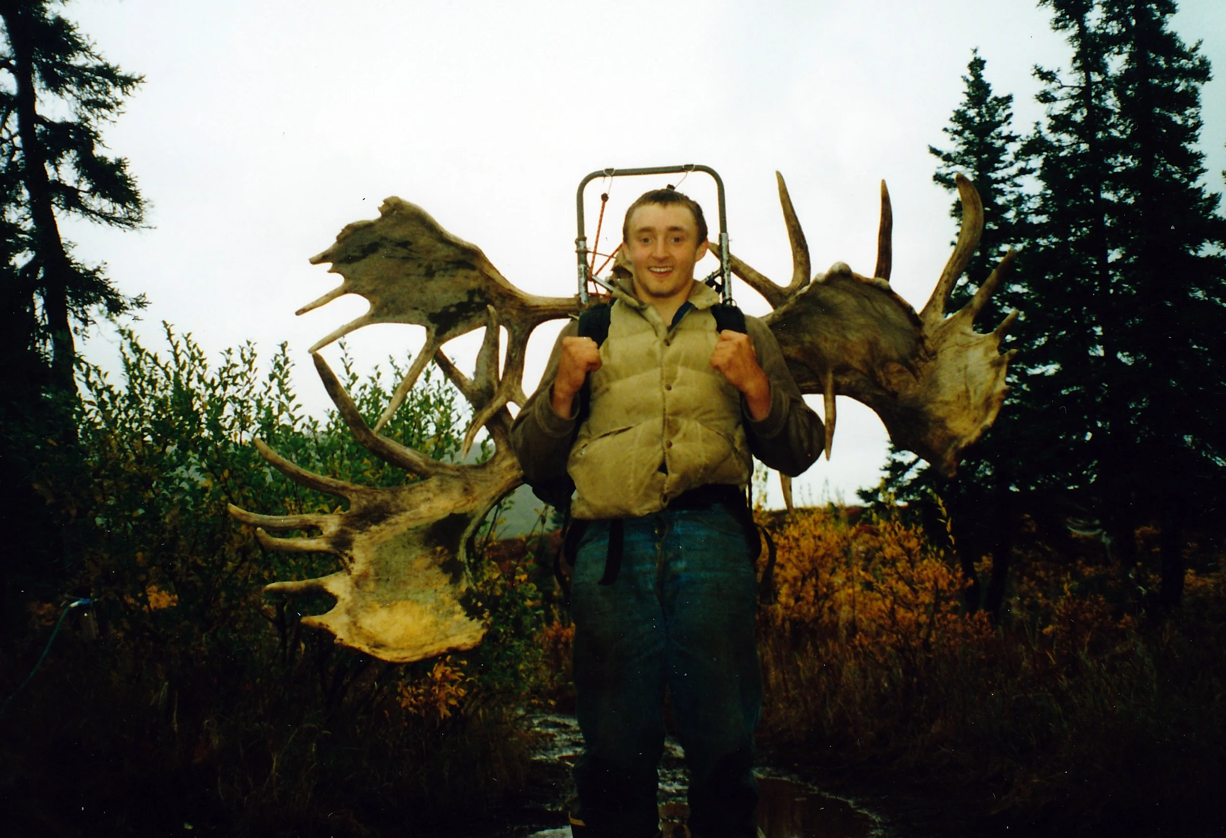 Scott Herbert with the locked moose antlers that he packed back to camp.