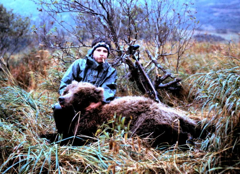 Bob with his 7'6" brown bear. Bob was doing a Marlboro commercial.