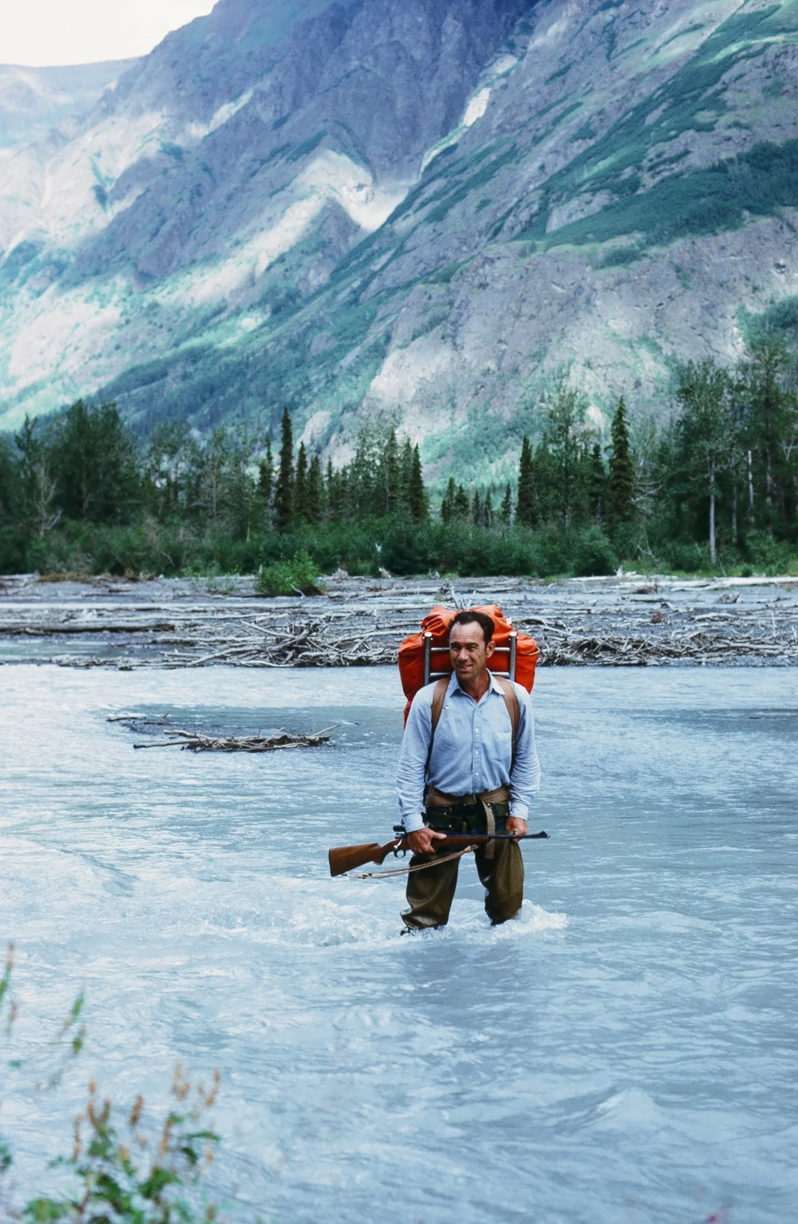 Harold crossing one of the braids of Eagle River on our trip in. The mountain that we climbed after crossing the river is like the one in the background of this photo.