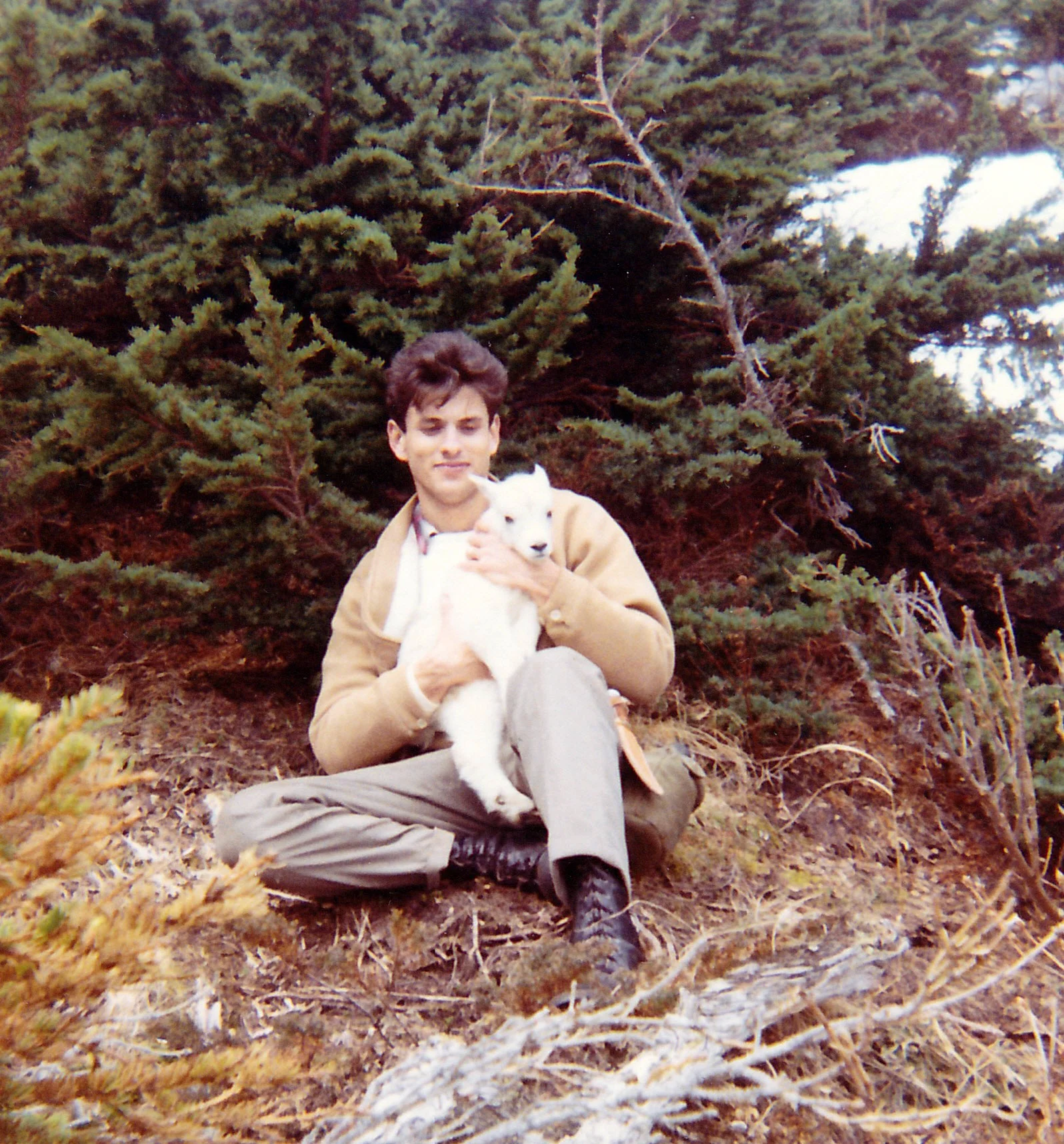 Walter Burkett, a high school friend stationed at Elmendorf, with a "kid" goat. We spotted a bear close to a nanny goat and made a stalk. The bear got our wind and took off. The nanny had hid her "kid" in the brush and as we came down the hill the "kid" came out.