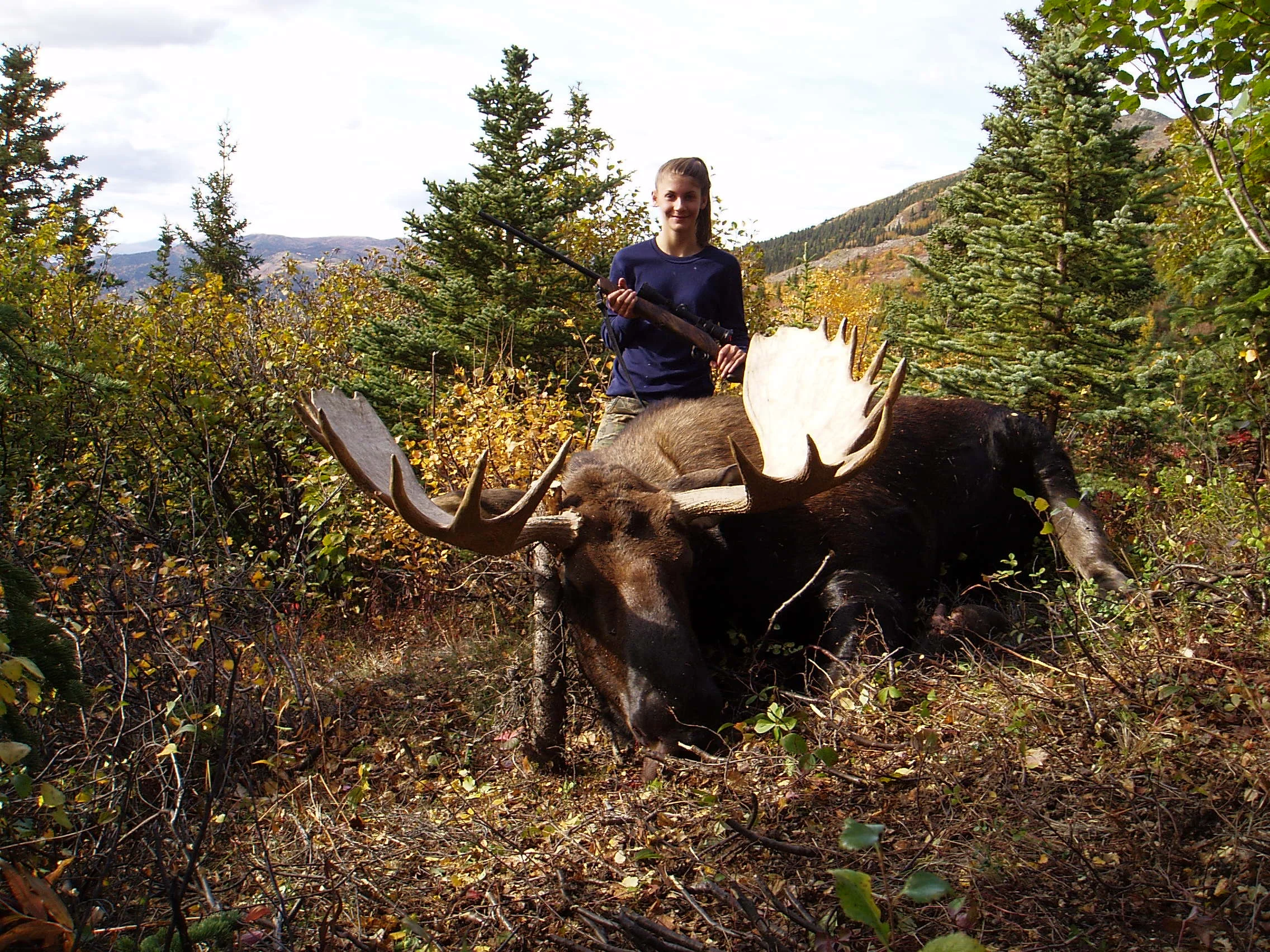 Rachel with her first moose high on the hillside. A great first moose.