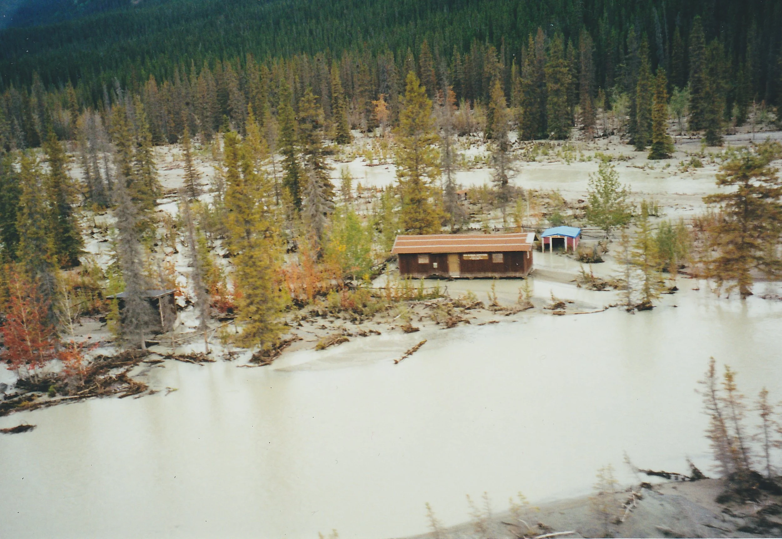 Bryson Bar- You can see the old water line on the side of the cabin. This is one of the main channels of the Chitina River now.