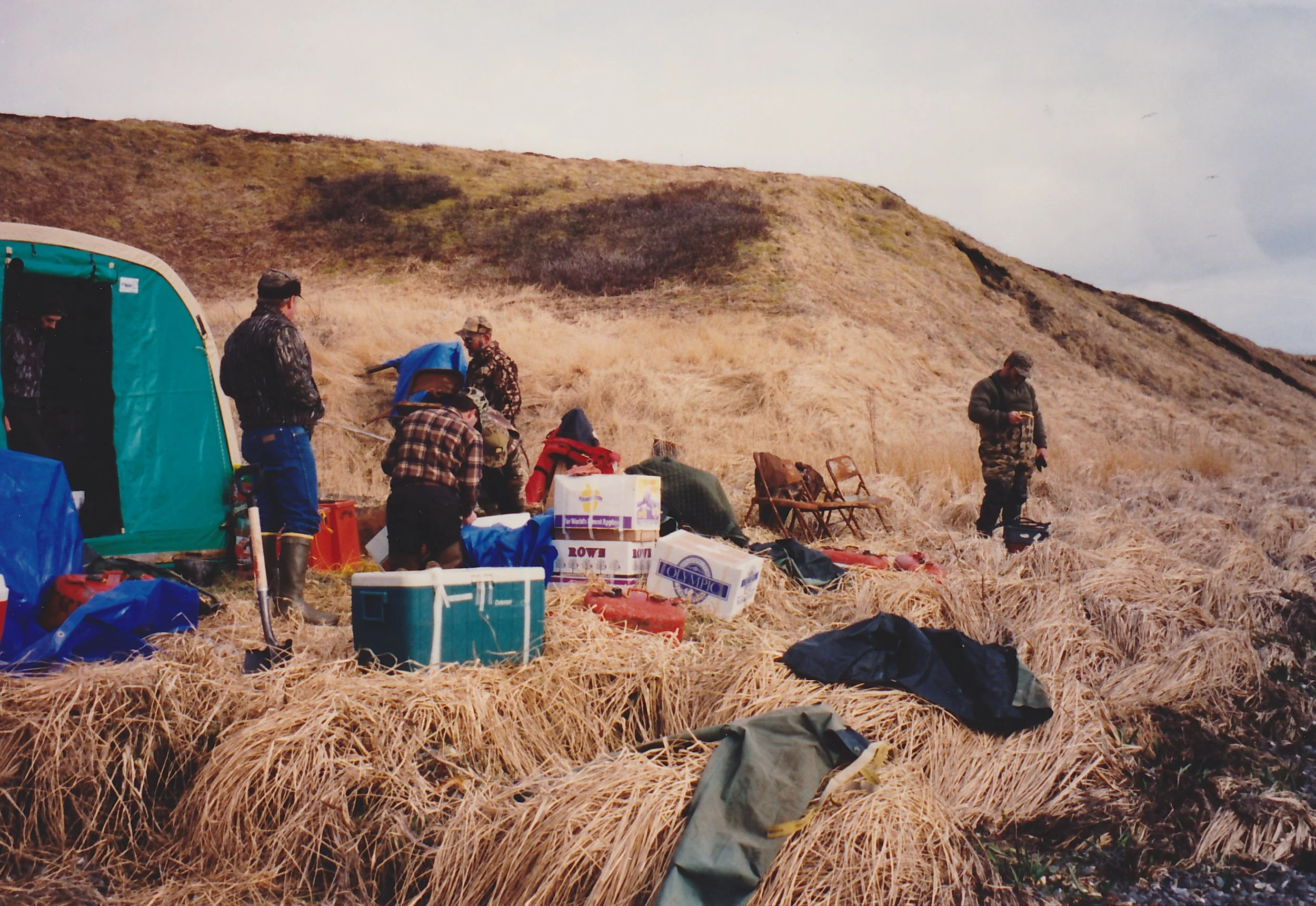 Sorting gear after the clients arrived at our main camp at Cold Bay.