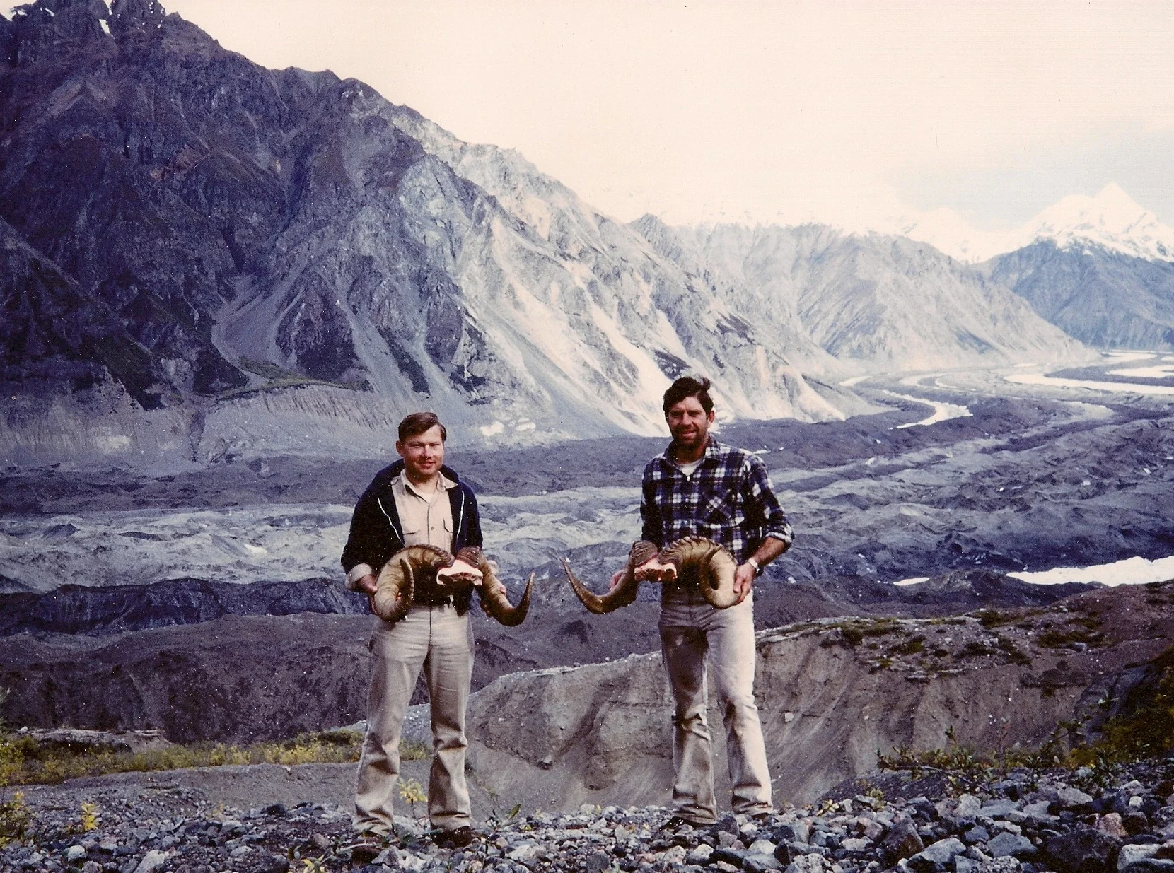 Ron Watts and me with two super rams. Ron's scored over 170 B&C points the largest that we had ever taken.