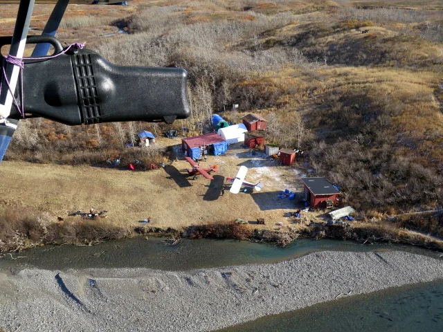 A fairly recent photo of the Dog Salmon River base camp. You can see the salmon in the lower right side of the photo.