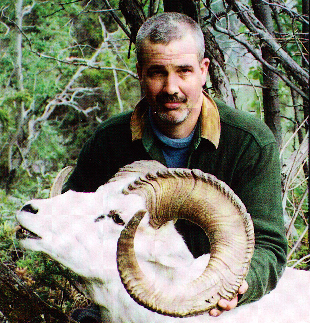 Greg Horsley with his 40 1/2” ram taken in the trees in the Canyon Creek breaks.