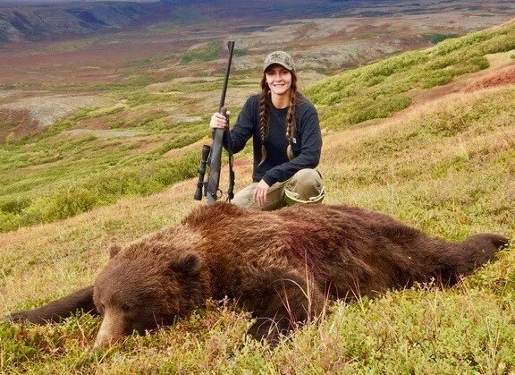 Rachel with her beautiful 8’8” brown bear. Gorgeous country.