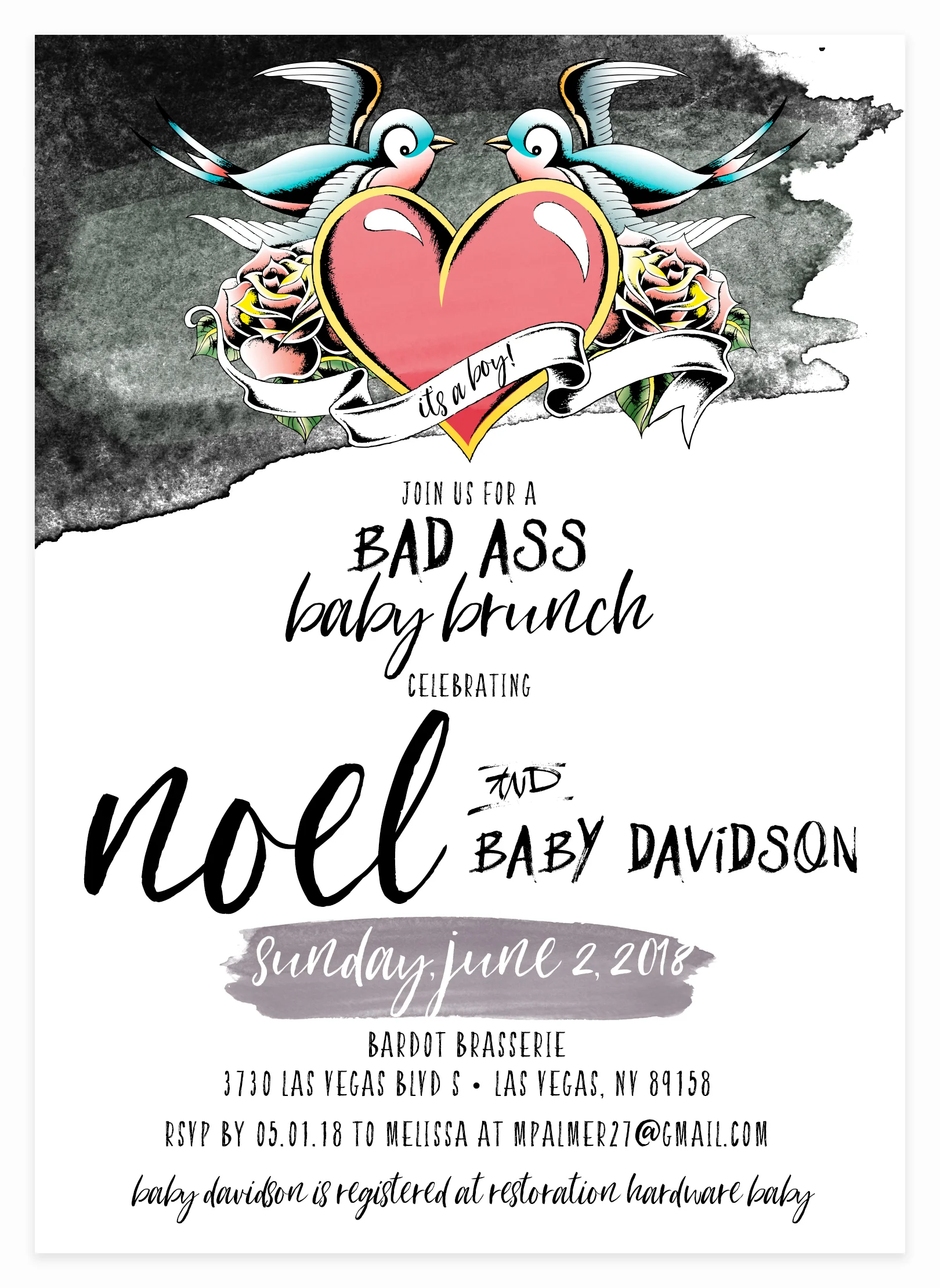 Hummingbird Tattoo Watercolor Baby Shower Invitation