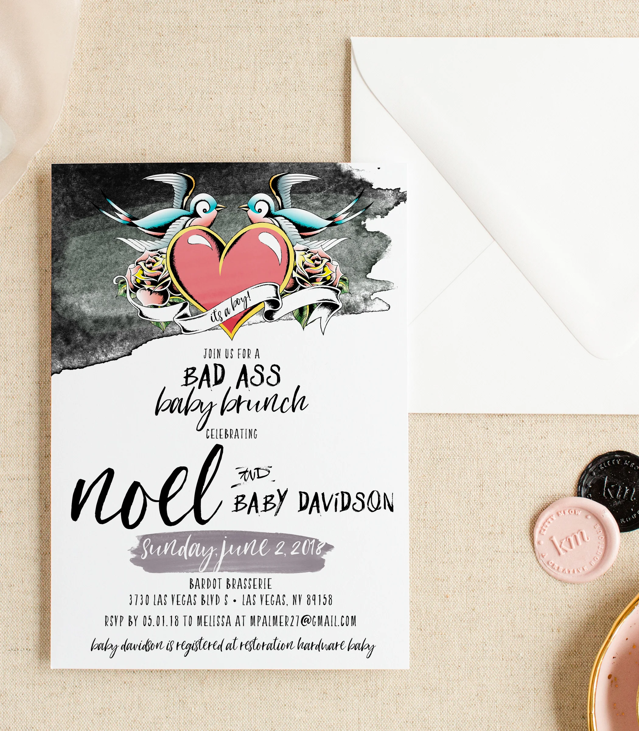Flatlay Hummingbird Tattoo Watercolor Baby Shower Invitation