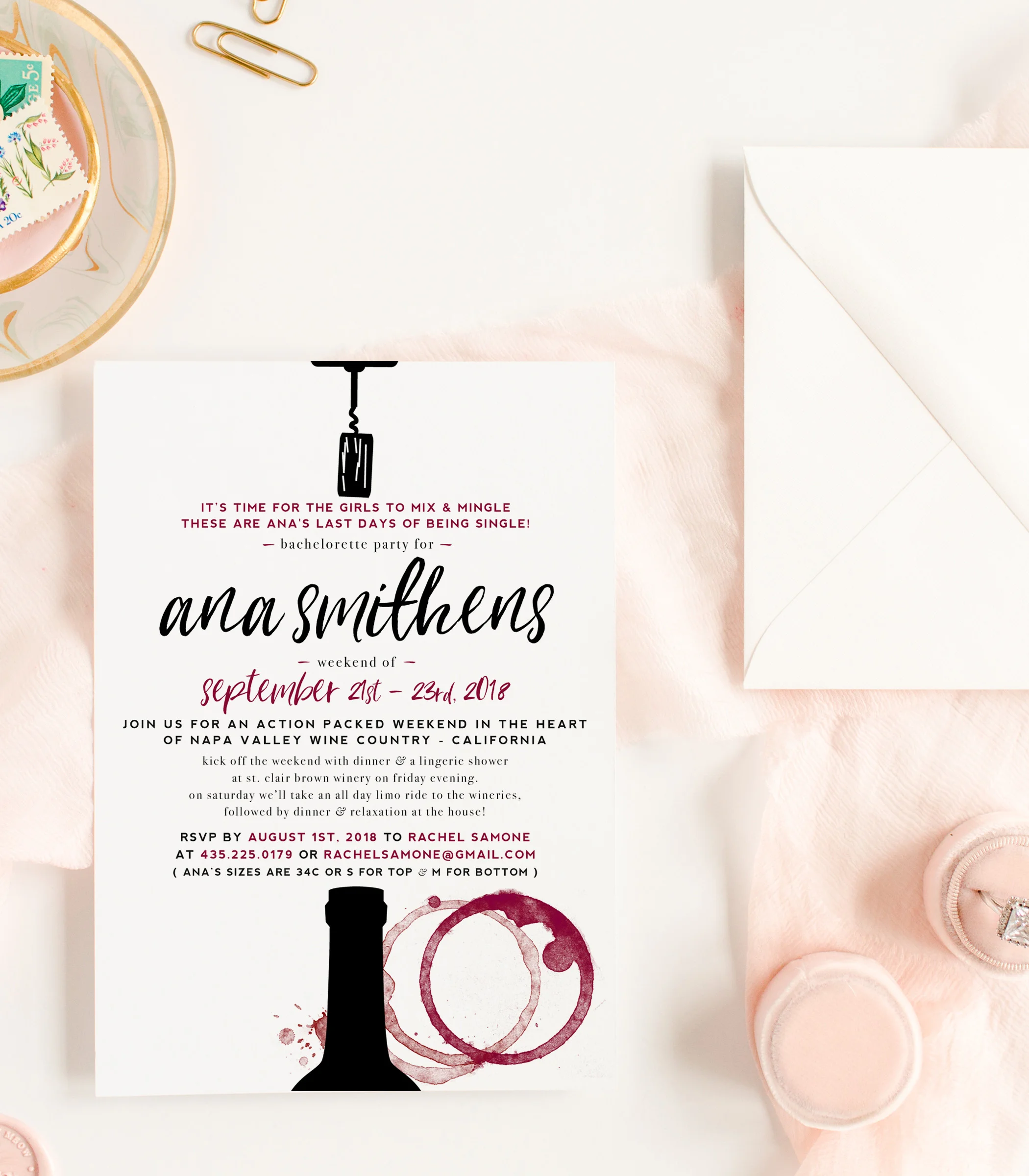 Flatlay of Wine Bottle and Wine Stain Bachelorette Party Invitations
