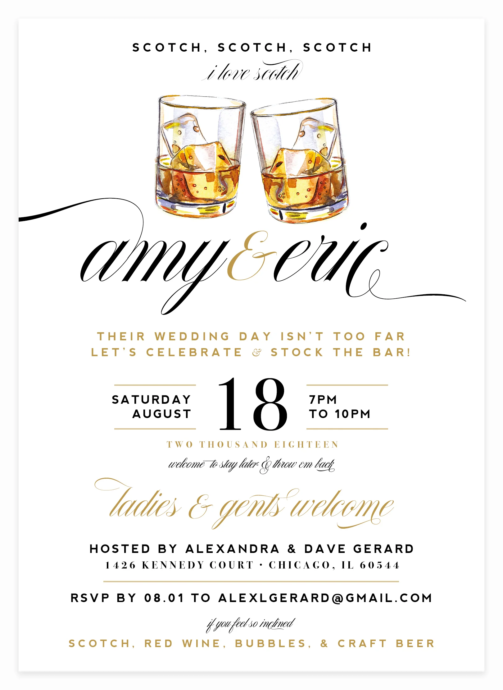 2 Scotch Glasses CoEd Bridal Shower Invitation with Fancy Script