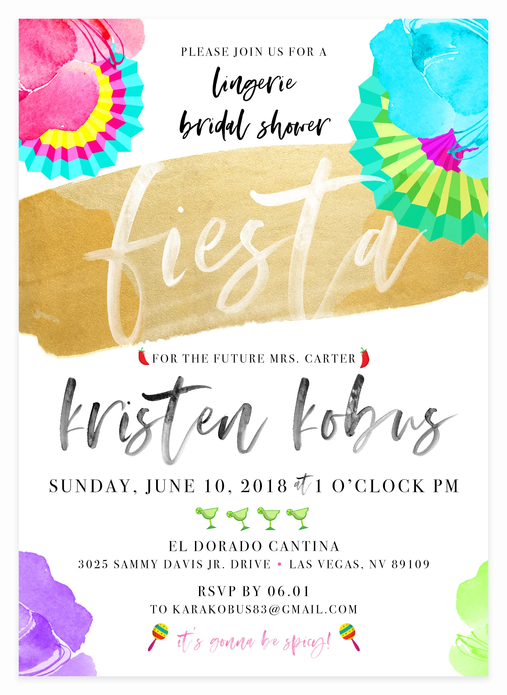 Bright colors and Gold Mexican Fiesta Bridal Shower Invitation