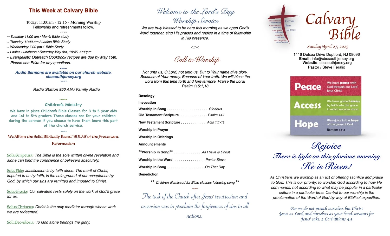 Sunday Program Bulletin Sunday Bulletin — Calvary Bible Church