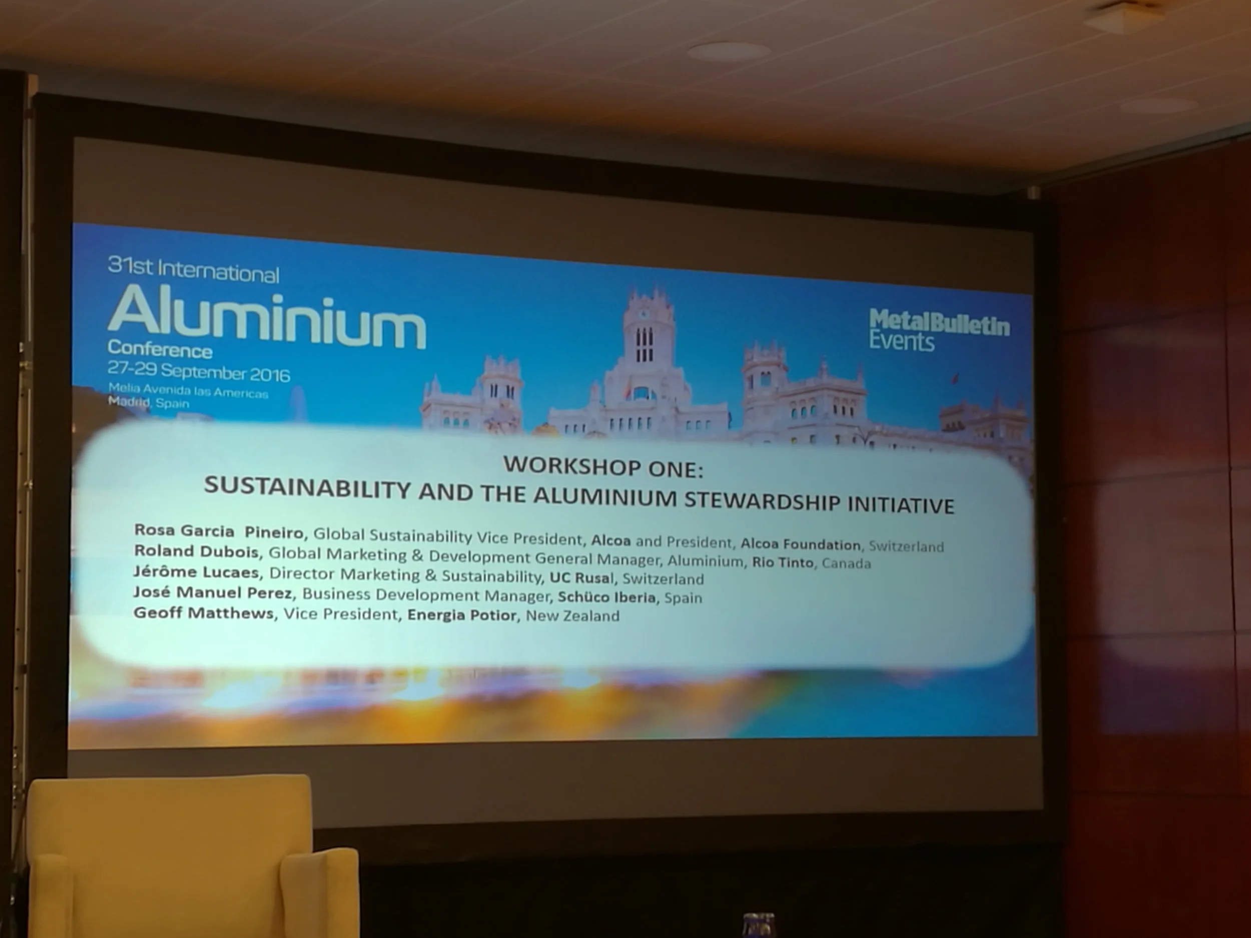 Last week Geoff Matthews, Vice President of Energia Potior, was one of the panel presenters at the ASI workshop at the 31st International Aluminium Conference in Madrid, Spain. Other panelists included representatives from Alcoa, Rio Tinto, UC Rusal and Schuco Iberia. A copy of Geoff's presentation can be found here: