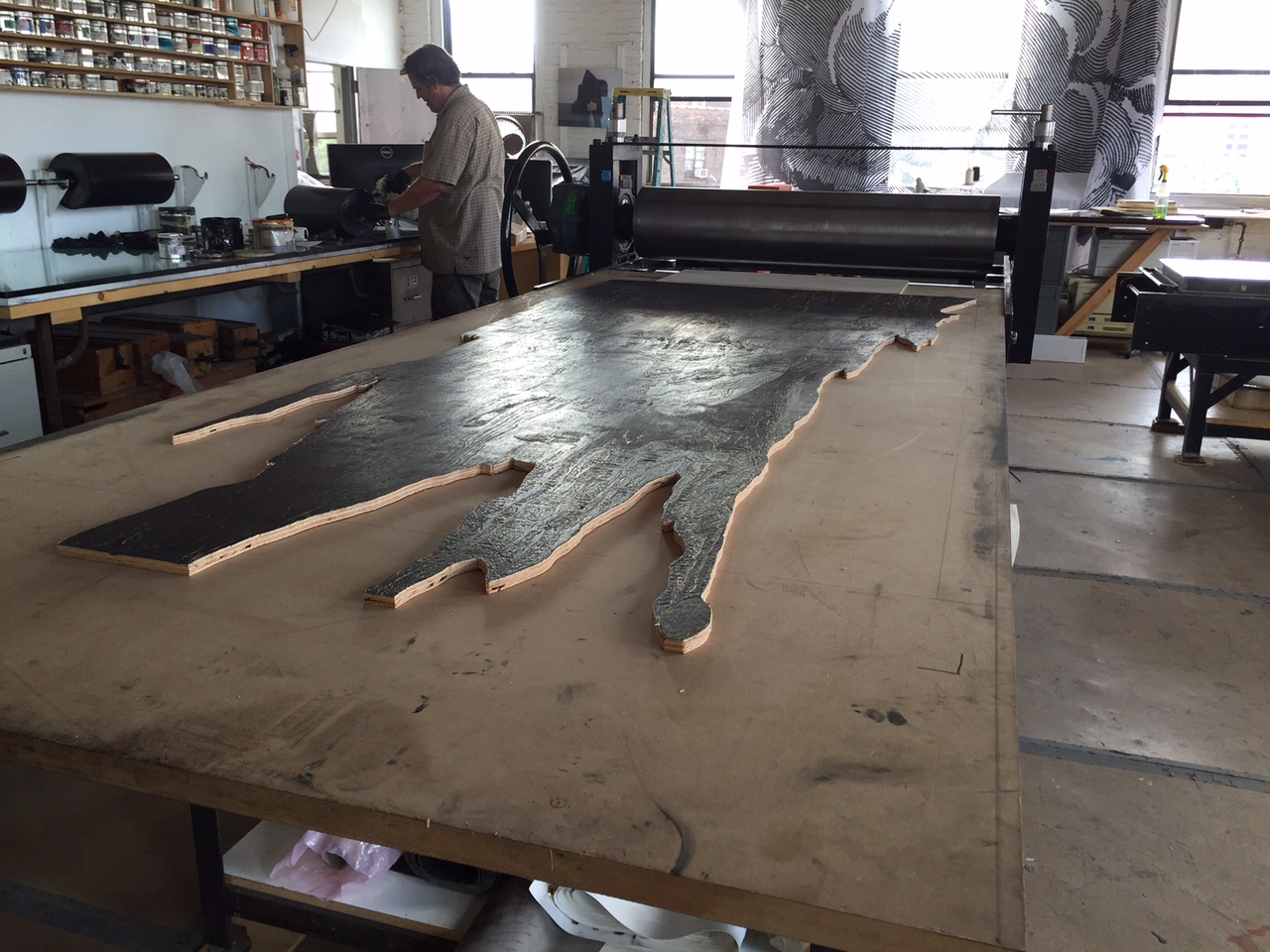 "Drip Castle" woodblock on the press