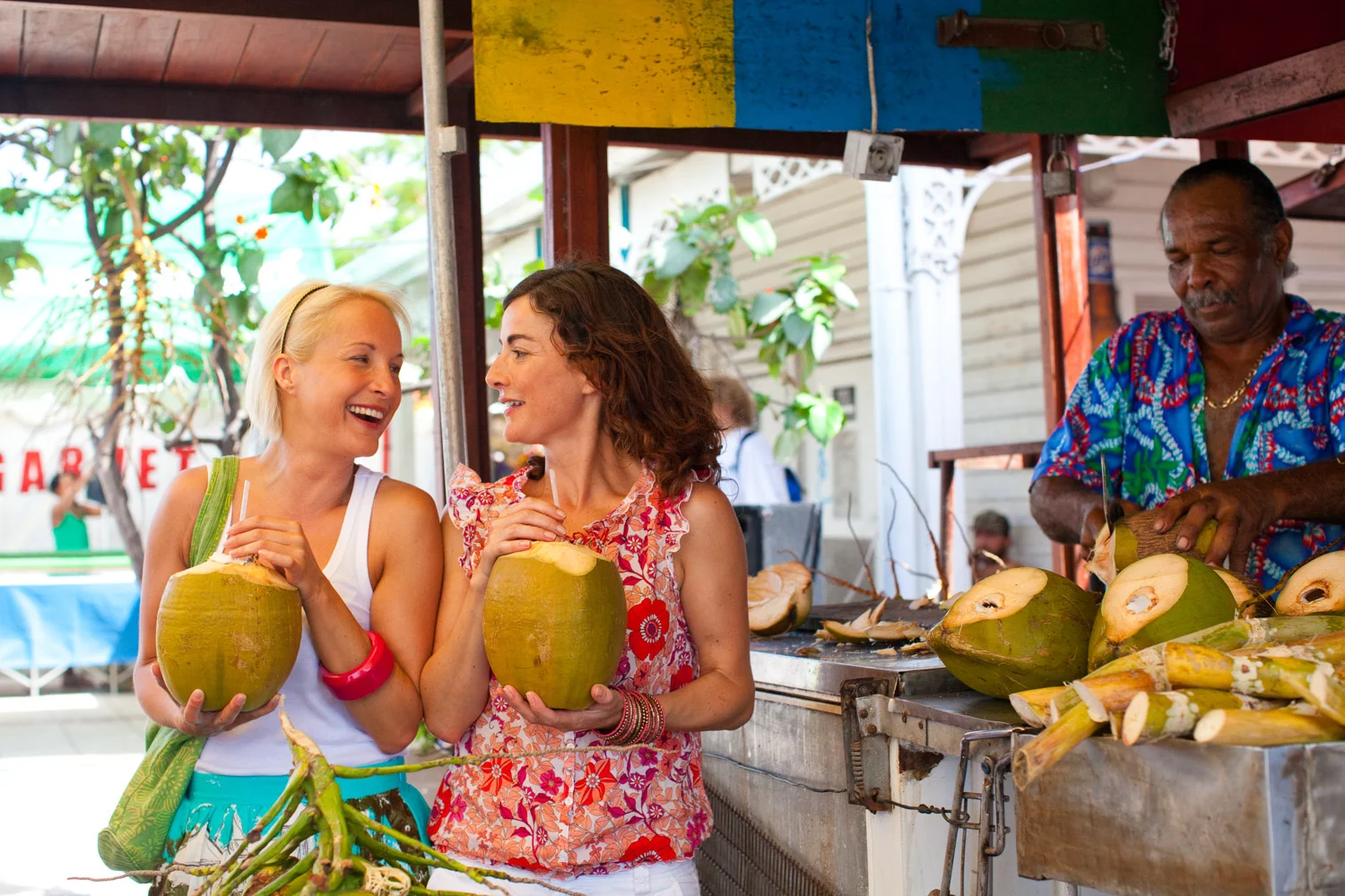  Two women drinking from coconuts while laughing together. Travel, tourism, and hospitality photography by Susan Seubert. 