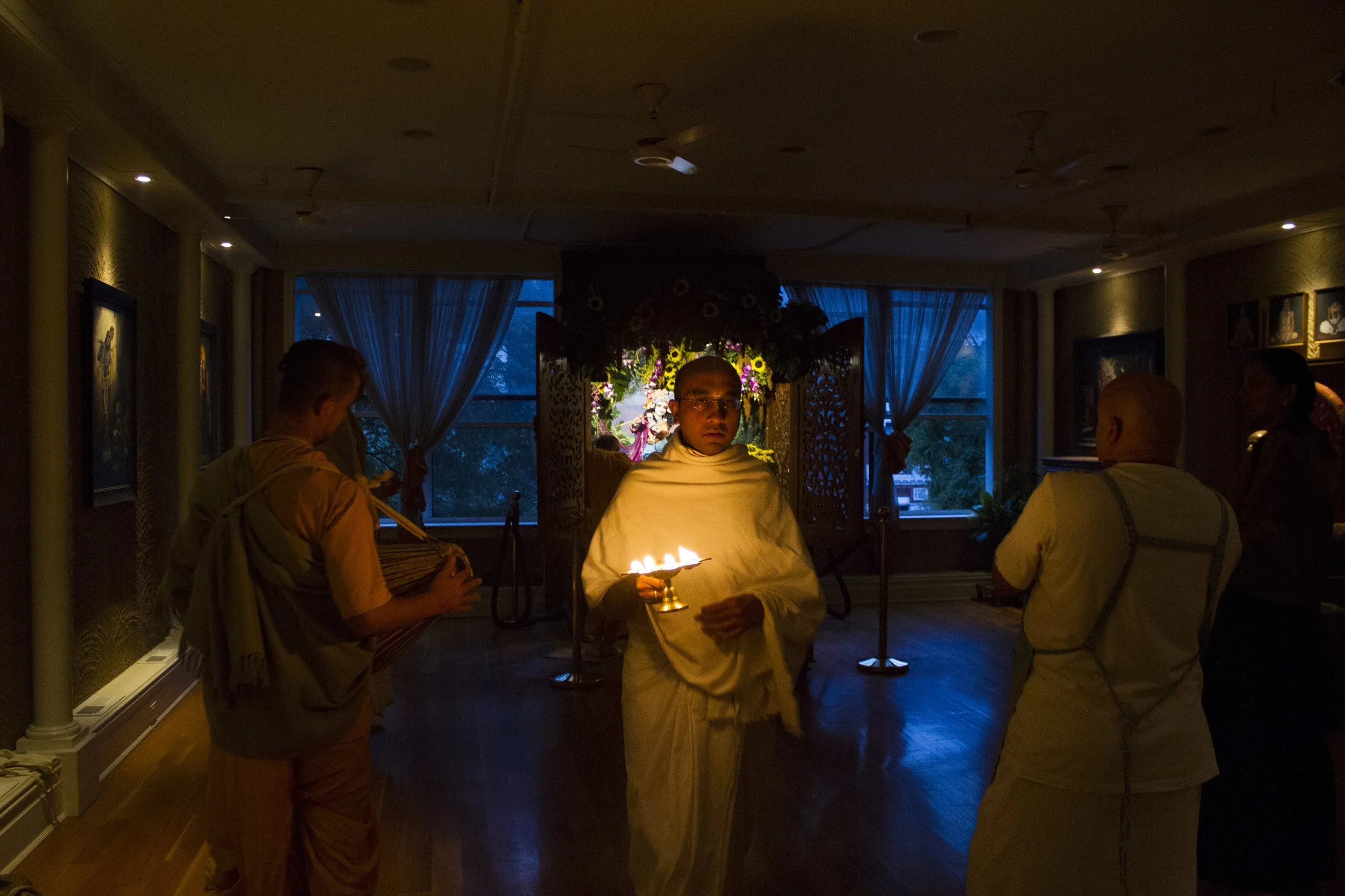 A member of New York City's Hare Krishna community during an morning ceremony at the Bhakti Centre in the East Village.