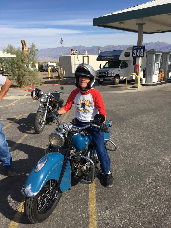  Noted Indian motorcycle historian Jerry Hatfield riding his Sport Scout.&nbsp; 