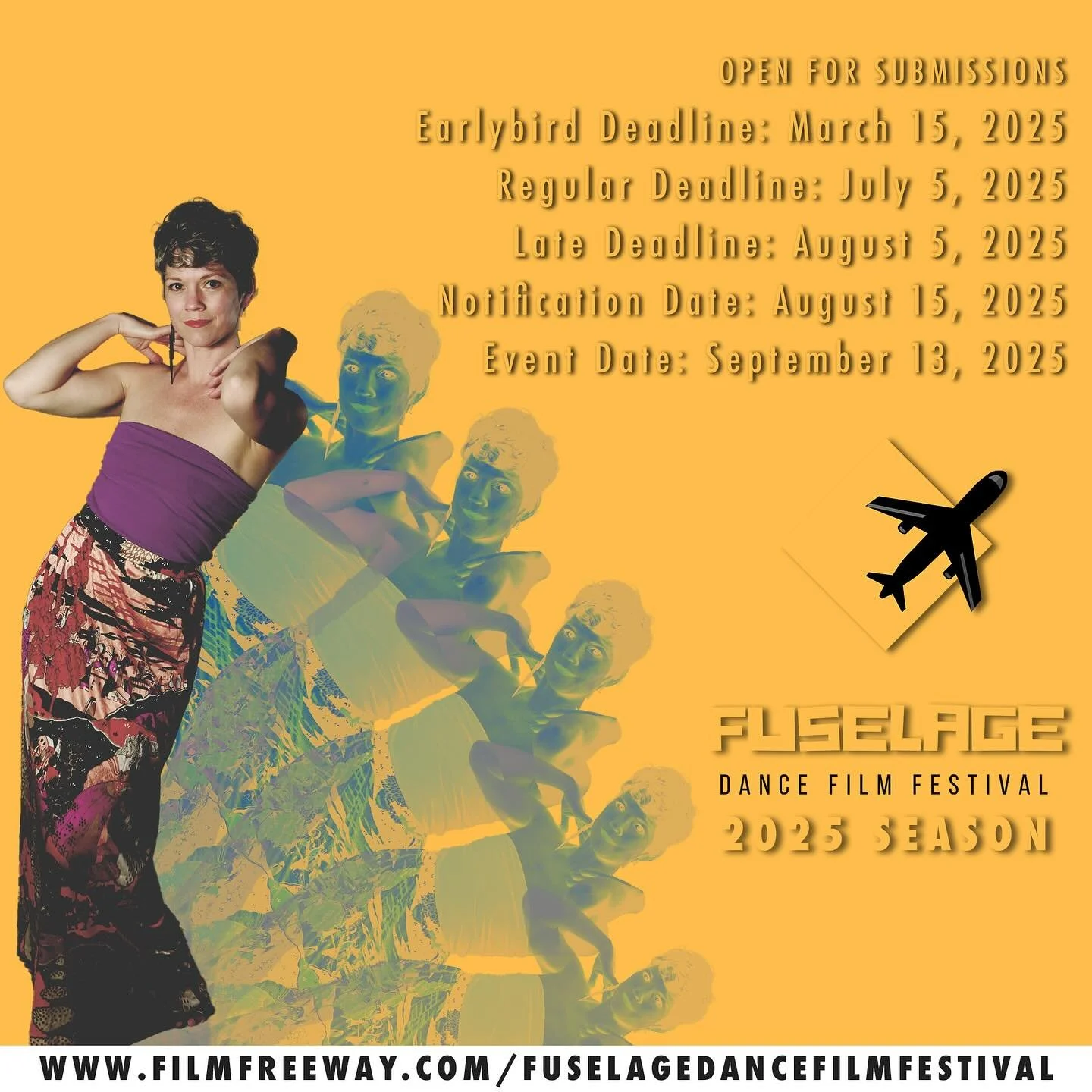 **DISCOUNT ALERT** use the promo code Fuselage20OFF for a $20 discount off of our late deadline fee!! ✨ Valid through July 22nd!! 🥳💸

Fuselage Dance Film Festival 2025
*OPEN FOR SUBMISSIONS*
Earlybird Deadline: March 15, 2025
Regular Deadline: July